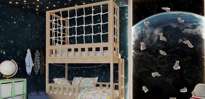 Schönes Hochbett mit Schutznest aus Holz, das mit einer Treppe und Schubladen ausgesattet ist.