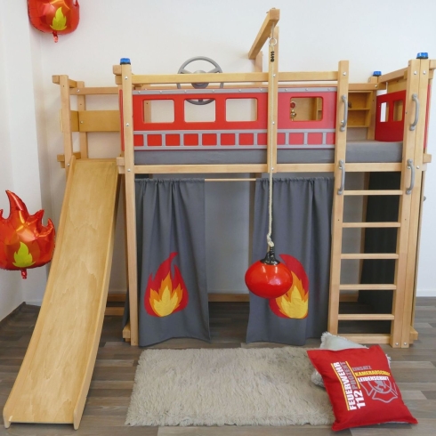 Das tolle Kinderbett Feuerwehr in Form eines Hochbettes mit unbegrentzten Spielmöglichkeiten.