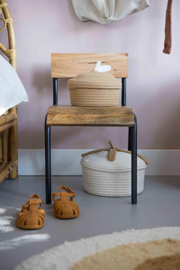Kinderstuhl 2er Set Holz Metall mit blauen Metallbeinen als Gestell