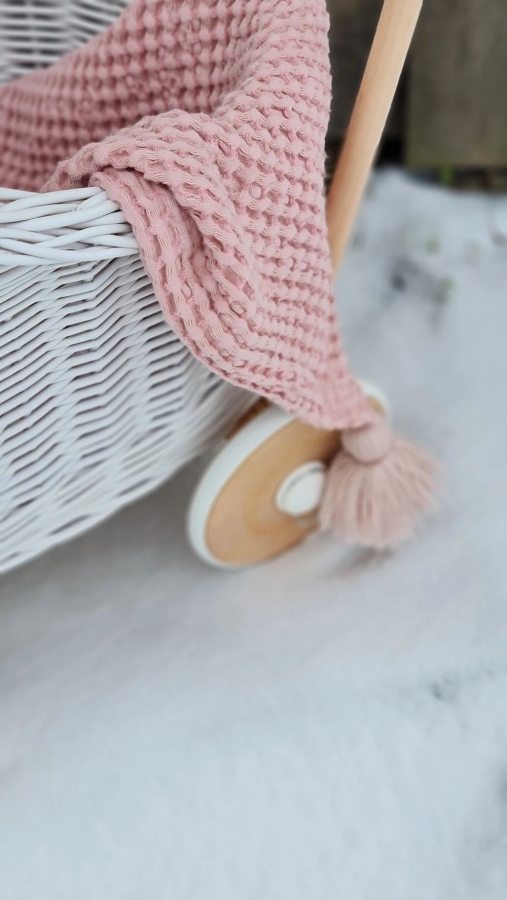 Korb Puppenwagen Weide weiß rosa