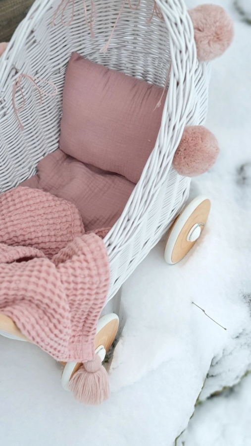 Korb Puppenwagen Weide weiß rosa