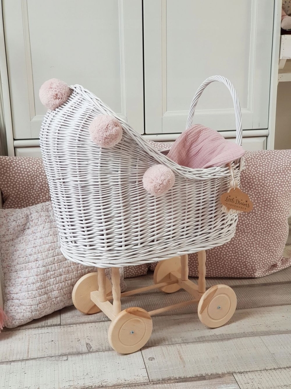 Korb Puppenwagen Weide weiß hoch