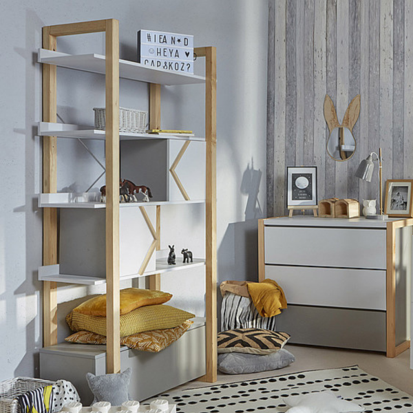 Bücherregal Pinette weiß-grau-natur