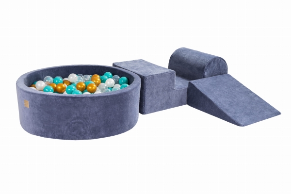 Schaumstoffbausteine + Bällebad + 200 Bälle blau-grau