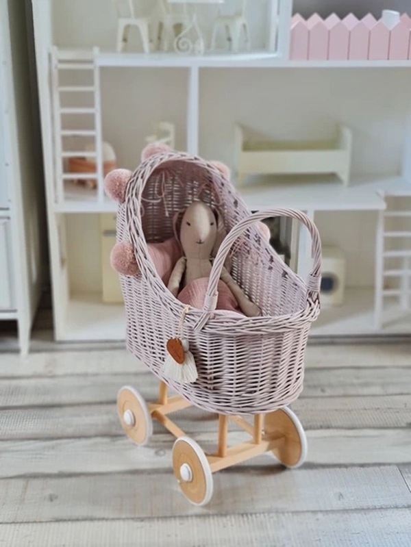 Korb Puppenwagen Weide rosa hoch