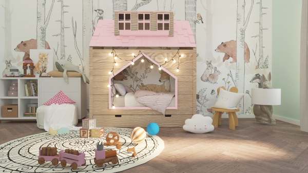 Kinderbett Haus mit Dach und Schublade