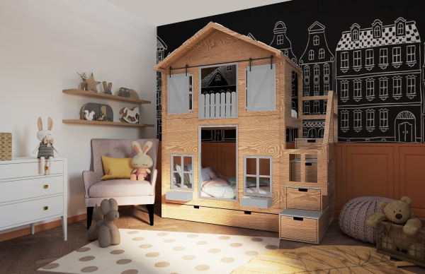 Hochbett Haus Laura mit Dachziegeln