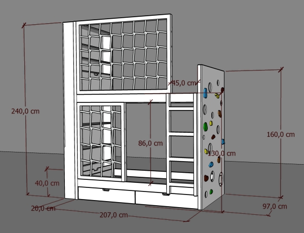 Hochbett mit Schutznetz und Regal
