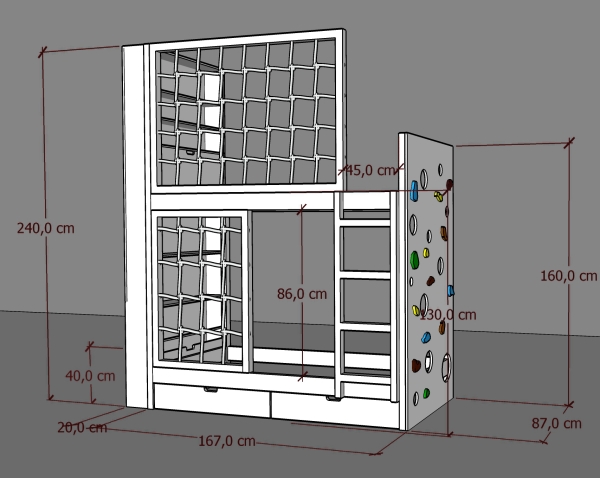 Hochbett mit Schutznetz und Regal