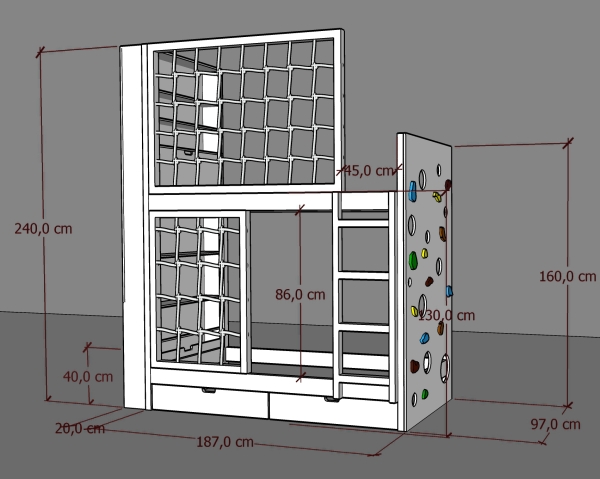 Hochbett mit Schutznetz und Regal