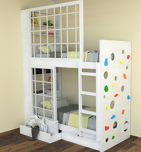 Hochbett mit Schutznetz und Regal