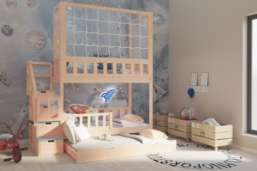 Hochbett mit Schutznetz und Treppe