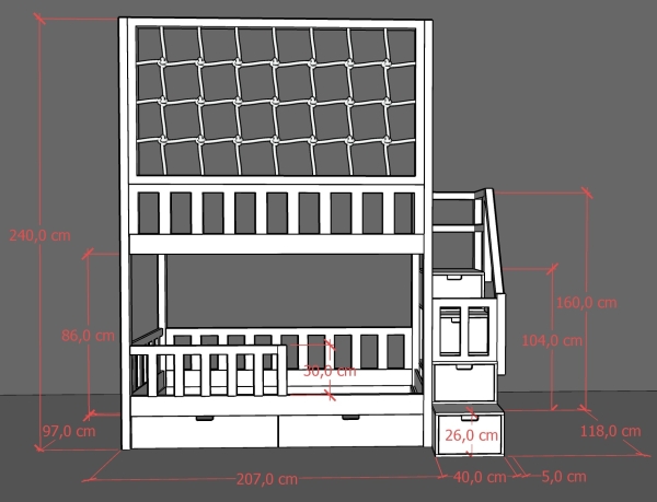 Hochbett mit Schutznetz und Treppe