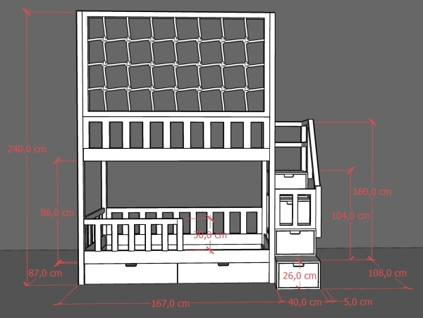 Hochbett mit Schutznetz und Treppe
