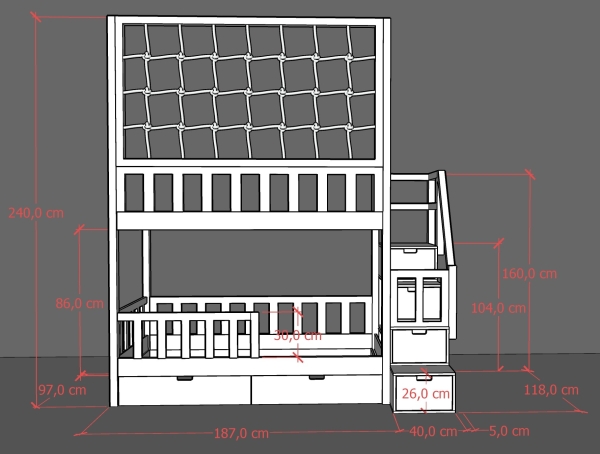 Hochbett mit Schutznetz und Treppe