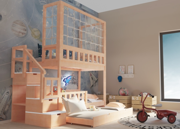 Hochbett mit Schutznetz und Treppe