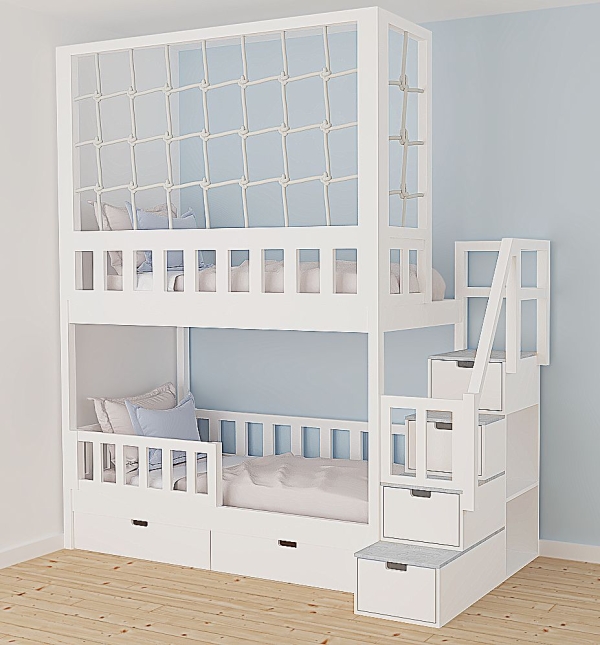 Hochbett mit Schutznetz und Treppe