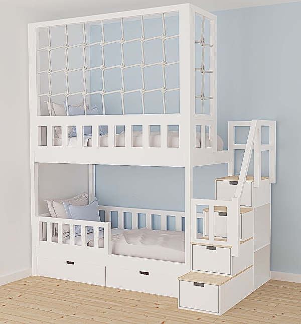 Hochbett mit Schutznetz und Treppe