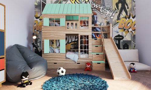 Hochbett Haus Liv mit Rutsche und Kletterwand