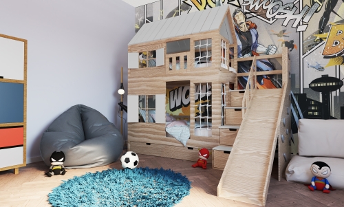 Hochbett Haus Liv mit Rutsche und Kletterwand