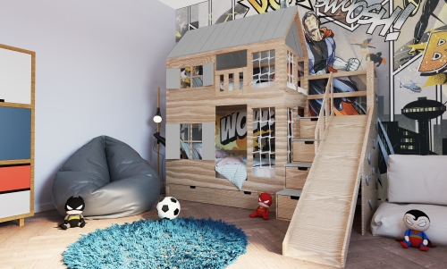 Hochbett Haus Liv mit Rutsche und Kletterwand