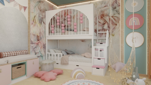 Hochbett Svea mit Gitter und Holzkugeln