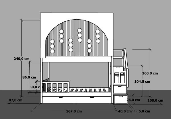 Hochbett Svea mit Gitter und Holzkugeln