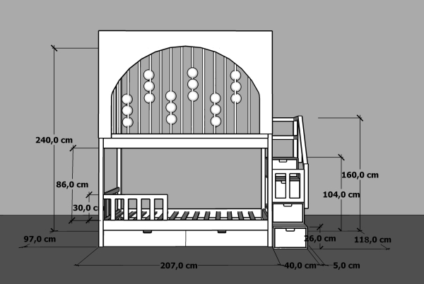 Hochbett Svea mit Gitter und Holzkugeln