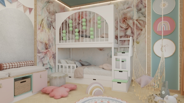 Hochbett Svea mit Gitter und Holzkugeln