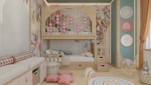 Hochbett Svea mit Gitter und Holzkugeln