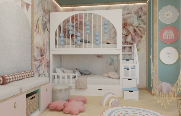 Hochbett Svea mit Gitter und Holzkugeln