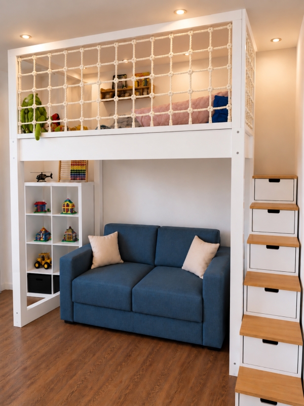 Hochbett mit Netz und Treppe
