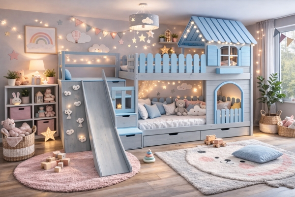 Hochbett Enno mit Zaun und Rutsche