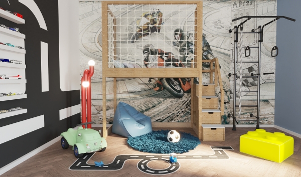 Hochbett Tim mit Schutznetz und Treppe