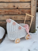 Korb Puppenwagen Weide weiß rosa