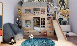Hochbett Haus Liv mit Rutsche und Kletterwand