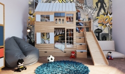 Hochbett Haus Liv mit Rutsche und Kletterwand