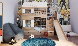 Hochbett Haus Liv mit Rutsche und Kletterwand