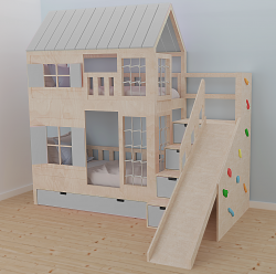 Hochbett Haus Liv mit Rutsche und Kletterwand
