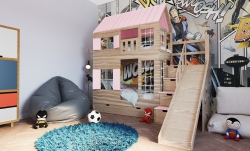 Hochbett Haus Liv mit Rutsche und Kletterwand