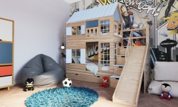 Hochbett Haus Liv mit Rutsche und Kletterwand
