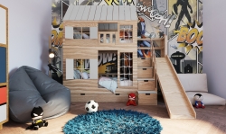 Hochbett Haus Liv mit Rutsche und Kletterwand