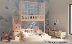 Hochbett mit Schutznetz und Treppe